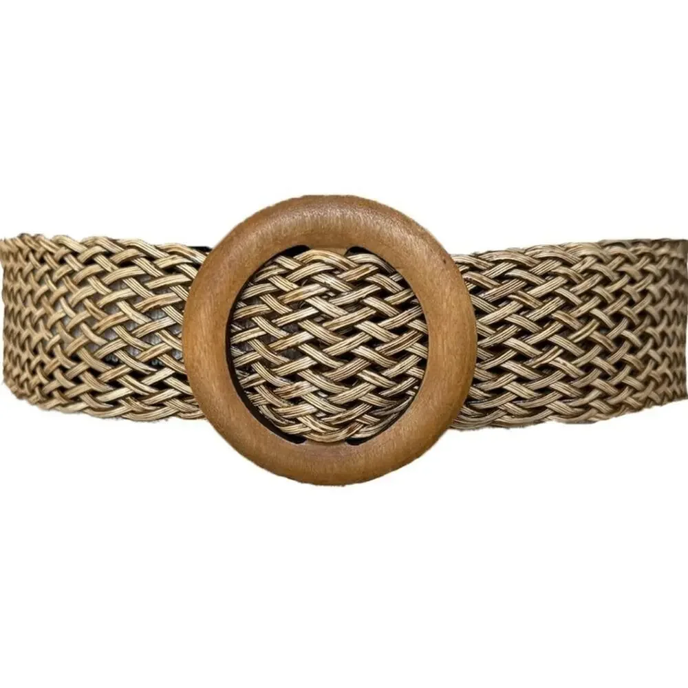 Classic Round Buckle Vegan Straw Belt Boho Brown Braided Wide Belt Fix Size S-L